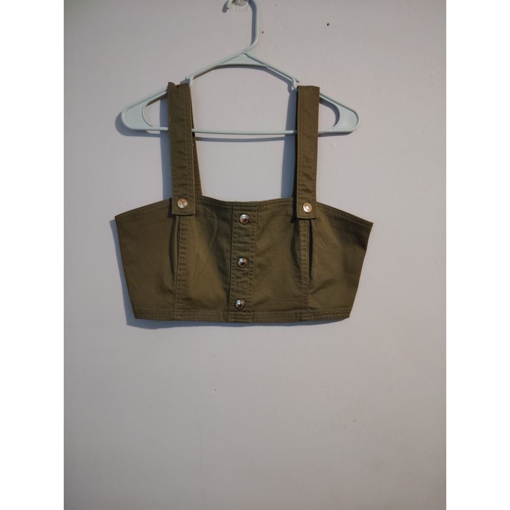 Michael Michael Kors Olive Green Twill Button Front‎ Crop Top Gold Zip Womens L